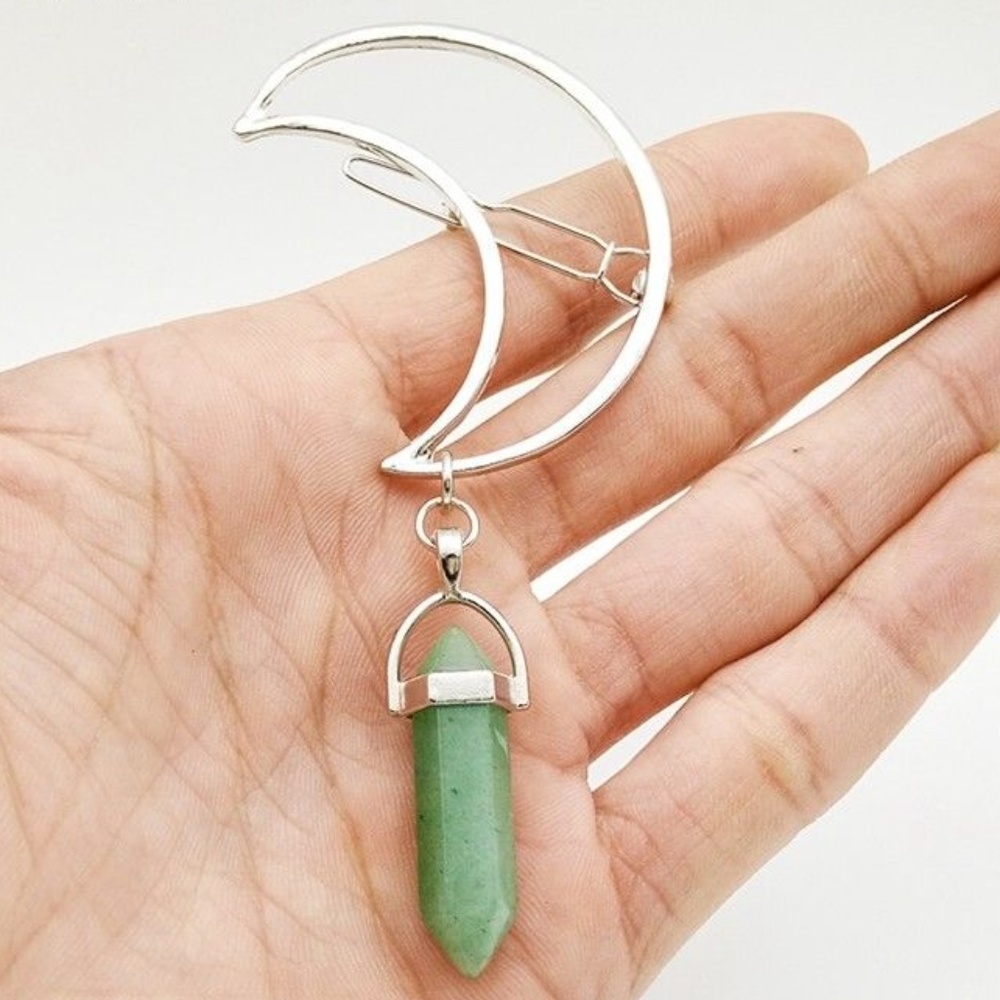 Silver Dongling jade Crescent Moon Hair Clip